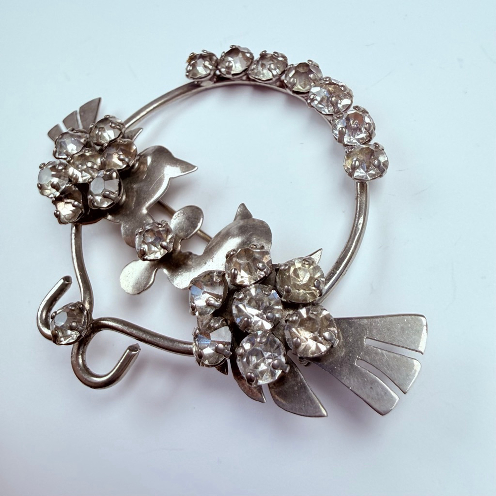 Lovebirds Figural Rhinestone Sterling Silver 925 Large Pin Brooch VTG Retro Era - Picture 3 of 7